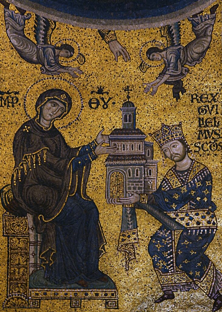 MOSAICO CON GUGLIELMO II CHE OFFRE LA CATTEDRALE ALLA VERGINE MARIA 